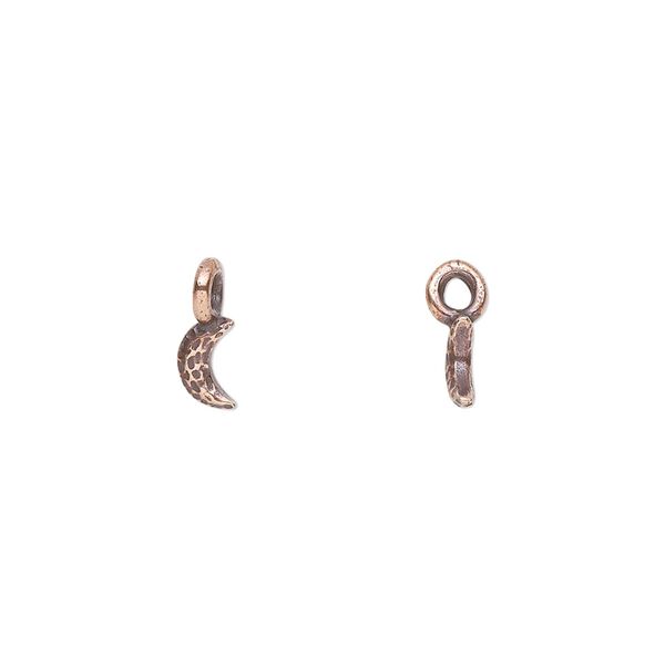 Charm, TierraCast®, "Celestial" collection, antique copper-plated pewter (tin-based alloy), 6x4mm two-sided crescent moon with hammered design. Sold per pkg of 4. image number 0