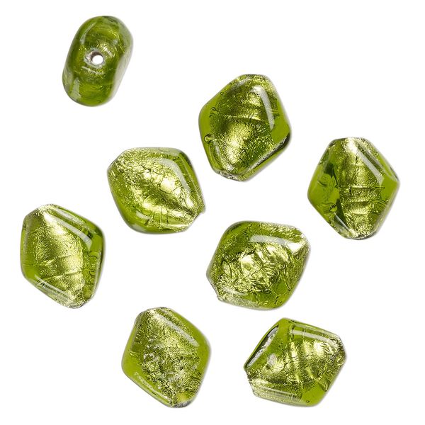 Bead, lampworked glass, opaque peridot green, 16x15mm-14x12mm puffed kite with silver-colored foil. Sold per pkg of 8. image number 0