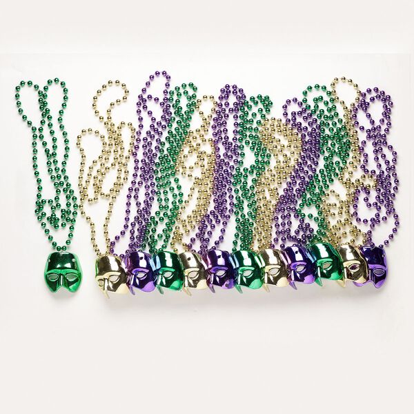 Necklace assortment, acrylic, gold / green / purple, 57x54mm Mardi Gras mask, 23 inches. Sold per pkg of 12. image number 0
