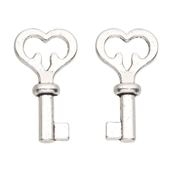 Focal, antique silver-finished "pewter" (zinc-based alloy), 30x16mm 3D heart key. Sold per pkg of 4. image number 0