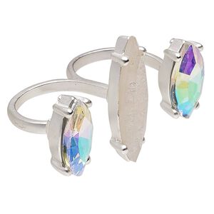 Ring, glass / resin / silver-plated "pewter" (zinc-based alloy), clear AB and opalescent pink, 30mm wide double band with 18x10mm and 29x8mm matte faceted marquise, size 9. Sold individually.