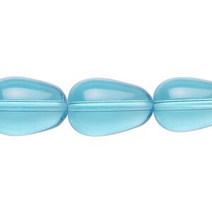 Bead, glass, transparent aqua blue, 17x11mm-18x13mm teardrop. Sold per 15-1/2" to 16" strand.