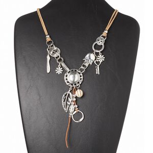 Necklace, magnesite (dyed / stabilized) / faux suede / glass rhinestone / silver-coated plastic / antique silver-plated brass / "pewter" (zinc-based alloy), tan and blue, 5-1/2 inch dangle, 20 inches with 3-inch extender chain and lobster claw clasp. Sold individually.