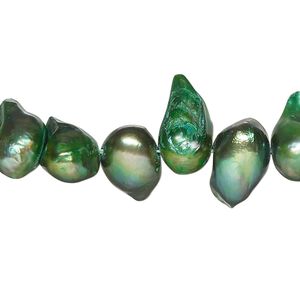 Pearl, cultured freshwater (dyed), forest green, 6mm-17x10mm baroque with 0.4mm hole, D grade, Mohs hardness 2-1/2 to 4. Sold per 15-inch strand.
