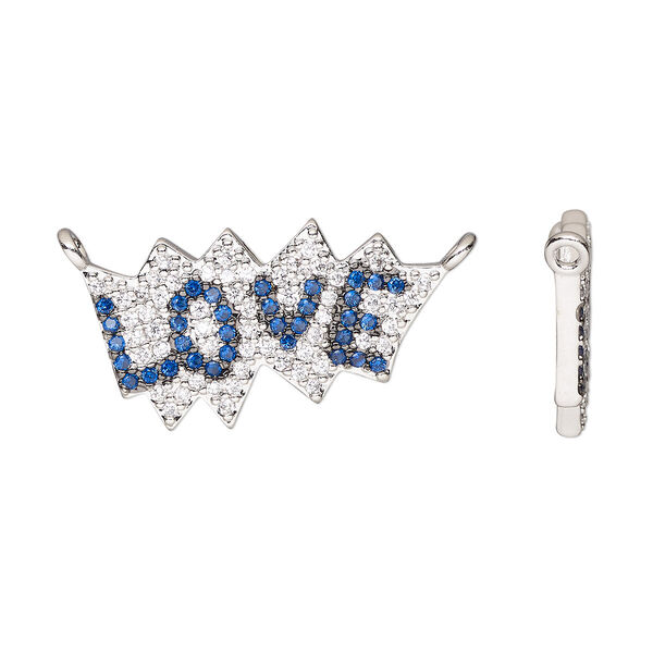 Connector, cubic zirconia and silver-finished brass, clear and dark blue, 20.5x12mm single-sided "LOVE." Sold individually. image number 0