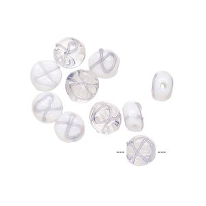 Bead, lampworked glass, transparent clear / opaque white / periwinkle, 7mm double-sided flat round with awareness ribbon. Sold per pkg of 12.