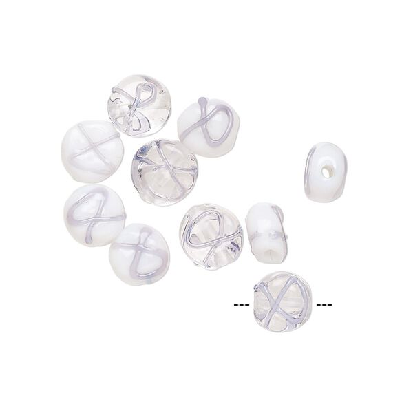 Bead, lampworked glass, transparent clear / opaque white / periwinkle, 7mm double-sided flat round with awareness ribbon. Sold per pkg of 12. image number 0