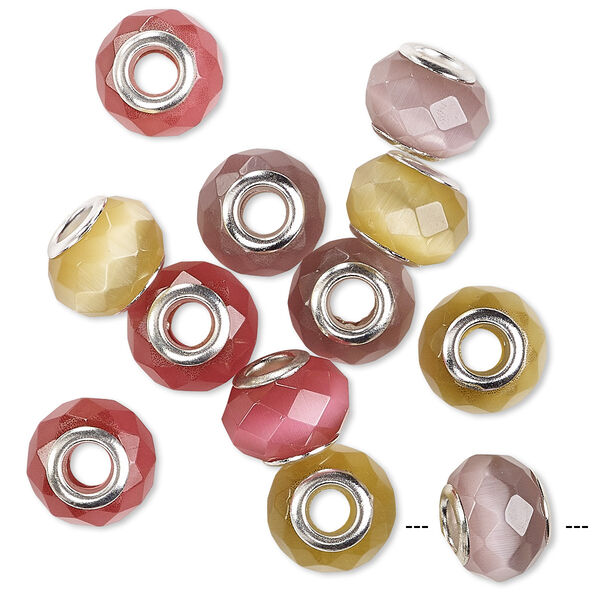 Bead mix, cat's eye glass (fiber optic glass) and silver-finished brass grommets, multicolored, 13x10mm-14x10mm faceted rondelle. Sold per pkg of 12. image number 0