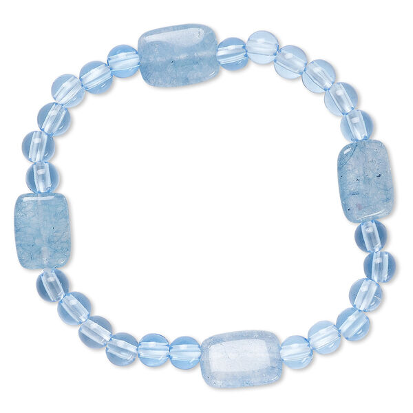 Bracelet, stretch, quartz (dyed) and acrylic, blue, 5mm round and 13x10mm-14x11mm flat rectangle, 6-1/2 inches. Sold individually. image number 0