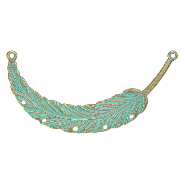 Connector, antique brass-plated "pewter" (zinc-based alloy), green patina, 3-1/4 x 1-1/2 inch single-sided curved feather with 5 holes. Sold individually. image number 0