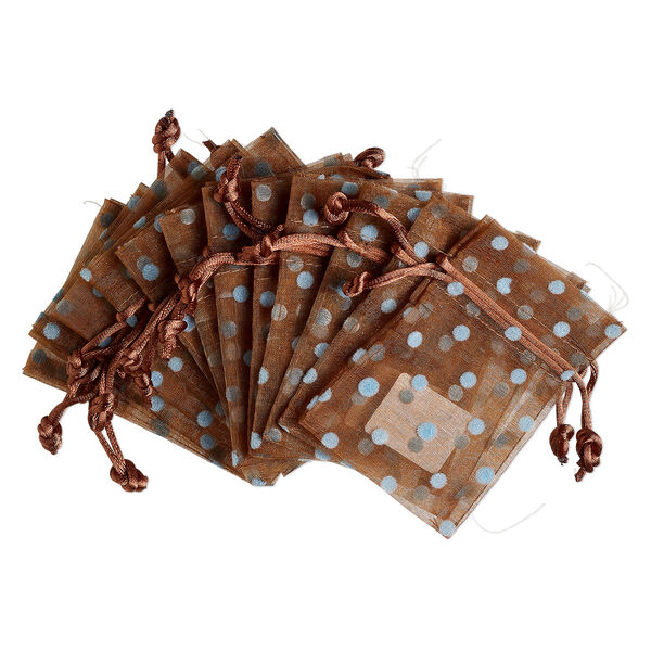 Pouch, flocked organza, brown and robin's egg blue, 4x3 inches with dots pattern and drawstring closure. Sold per pkg of 12. image number 0