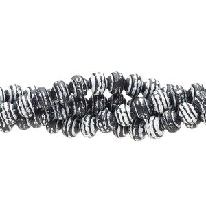 Bead, painted glass, opaque black and silver color, 5x4mm rondelle. Sold per pkg of (4) 7-inch strands, approximately 40 beads.