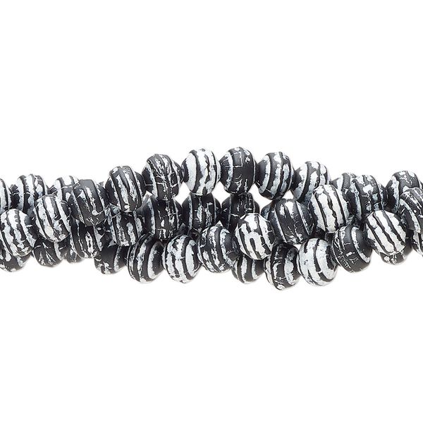 Bead, painted glass, opaque black and silver color, 5x4mm rondelle. Sold per pkg of (4) 7-inch strands, approximately 40 beads. image number 0