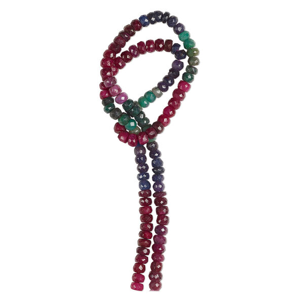 Bead, ruby / blue sapphire / emerald (dyed/heated/oiled), 5x3mm-6x4mm hand-cut faceted rondelle, C+ grade, Mohs hardness 9. Sold per 13-inch strand, approximately 100 beads. image number 0