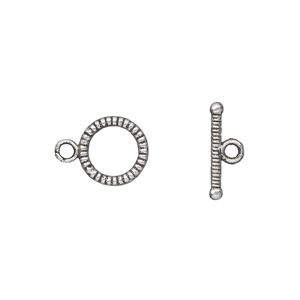 Clasp toggle 1pkg20 silver-plated "pewter" (zinc alloy), 10mm double-sided round, antique 1-strand