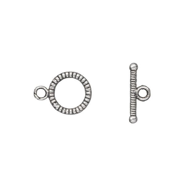 Clasp toggle 1pkg20 silver-plated "pewter" (zinc alloy), 10mm double-sided round, antique 1-strand image number 0