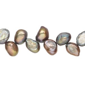 Pearl 1pkg1, cultured freshwater, herringbone-drilled flat-sided rice C grade, 15 inch 8x5mm-10x7mm dyed dark gunmetal green