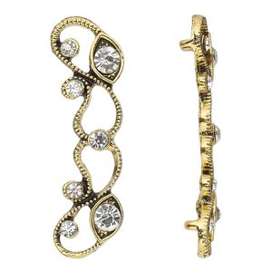 Spacer, antiqued gold-finished "pewter" (zinc-based alloy) and Czech glass rhinestone, clear, 45x13mm 2-strand with fancy design. Sold per pkg of 4.