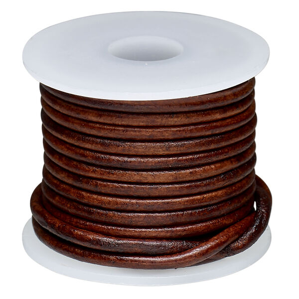 Cord, leather (dyed) 1pkg5yd, antique brown, 2mm round, per spool. image number 0