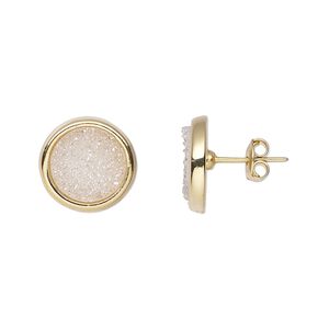 Druzy agate / brass 1pkg2, electroplated gold / 24Kt gold-plated round earstud 13mm