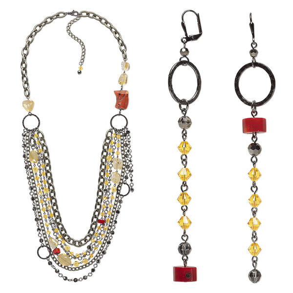 Necklace and earring set, One of a Kind Jewelry, gunmetal-plated brass / crystal / multi-gemstone (dyed / heated). Only one available. image number 0