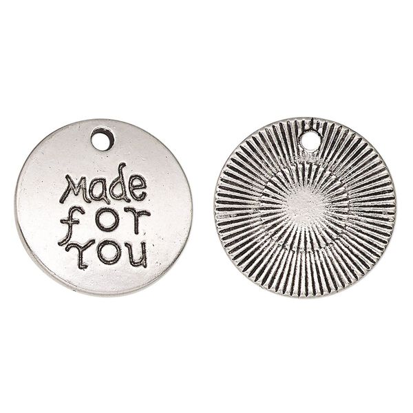 Drop, antique silver-finished "pewter" (zinc-based alloy), 19.5mm single-sided flat round with "Made for You." Sold per pkg of 2. image number 0