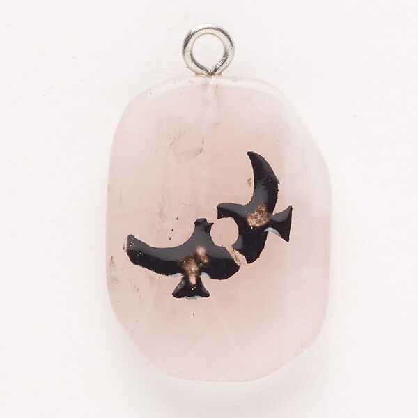 Drop, steel and rose quartz (coated) and enamel, pkg/1, silver finish and black, 29x22mm-37x27mm single-sided freeform oval with birds. image number 0
