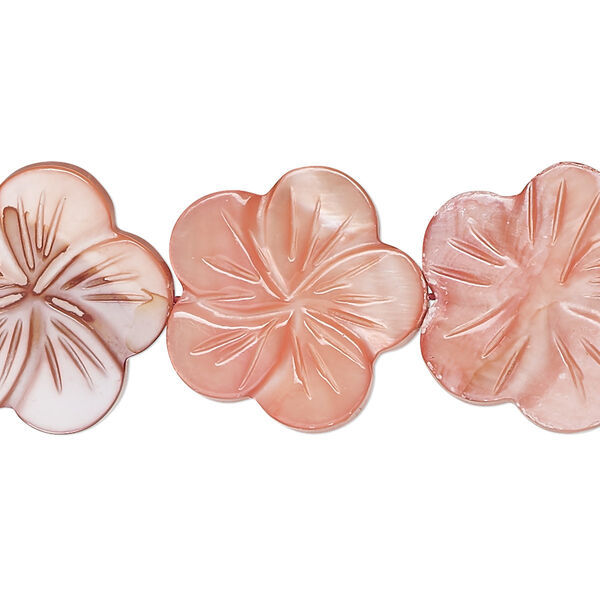 Bead, mother-of-pearl shell (dyed), red, 18x17mm-22x21mm carved flat flower with 0.6-0.8mm hole, Mohs hardness 3-1/2. Sold per 15-1/2" to 16" strand. image number 0