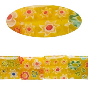 Bead, millefiori glass, translucent yellow and multicolored, 11mm-13x12mm puffed square with flower design. Sold per 14-inch strand.