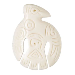 Focal, bone (bleached), 40x30mm hand-cut single-sided carved thunderbird, Mohs hardness 2-1/2. Sold individually.