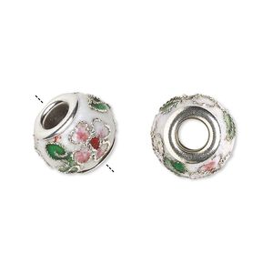Bead, Dione®, cloisonné, enamel and silver-plated brass grommets, white / pink / green, 14x10mm rondelle with flower and leaves design. Sold per pkg of 4.