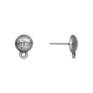 Earstud 1pkg10 TierraCast® pewter (tin-based alloy) / titanium, 9mm hammered round / closed loop / hammertone collection, 5 pair