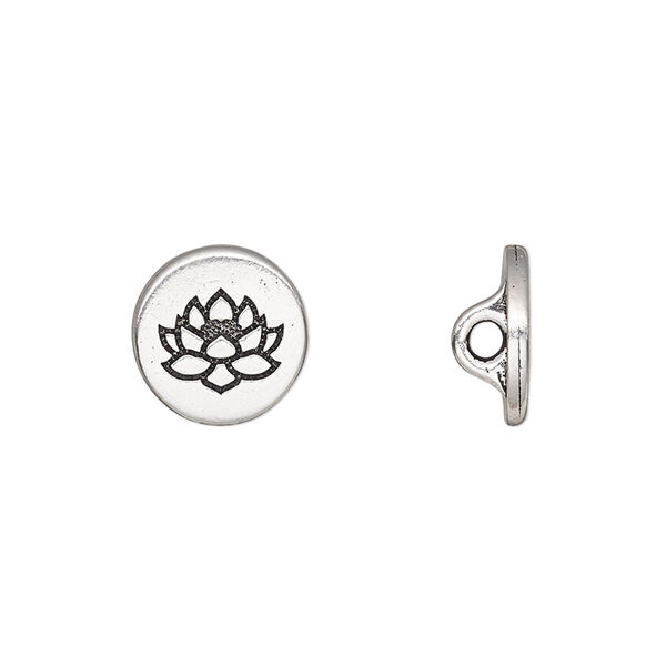 Button, TierraCast®, antique silver-plated pewter (tin-based alloy), 12mm flat round with lotus and loop. Sold per pkg of 2. image number 0