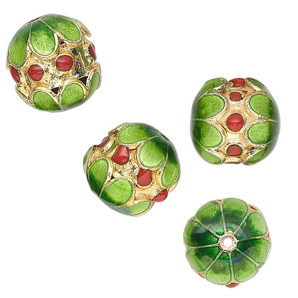 Bead, cloisonné, gold-finished brass and enamel, green/red, 13x12mm drum with flowers and red dots. Sold per pkg of 4. image number 0