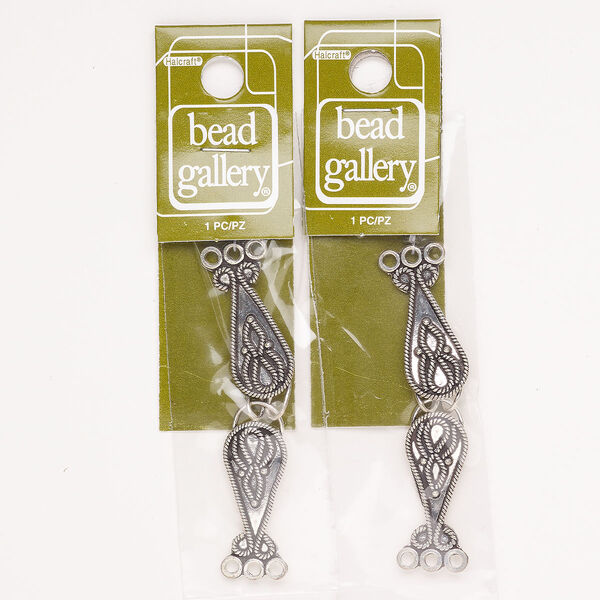 Clasp 3-strand hook-and-eye "pewter" zinc-based alloy 2pk 52x12mm teardrop rope edge loop design, antique silver finish image number 0