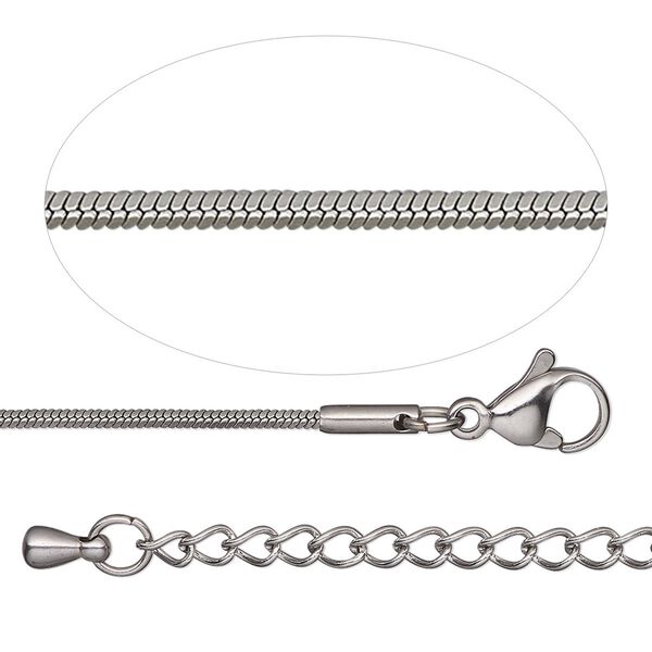 Chain, stainless steel, 1mm square snake, 18 inches with 2-inch extender chain and lobster claw clasp. Sold individually. image number 0