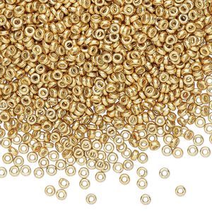 Seed bead, Miyuki, glass, pkg/50g, 2.2x1mm spacer rondelle, opaque gold finish, (SPR2.2-4202).