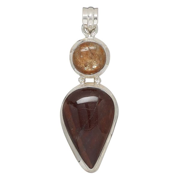 Pendant, sunstone (natural) / red tigereye (heated) / sterling silver, 47x24mm-52x23mm teardrop and round. Sold individually. image number 0