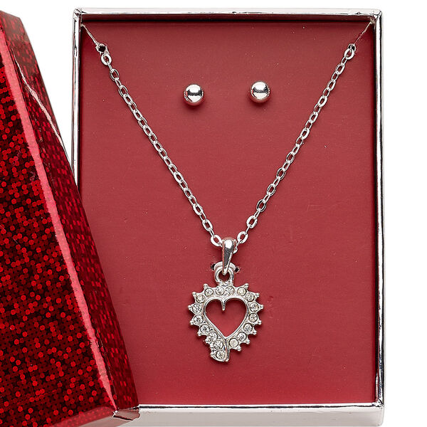Necklace and earring set, glass rhinestone / silver-finished steel / "pewter" (zinc-based alloy), clear, 18x17mm open heart, 15" to 16" necklace with 3-inch extender chain and lobster claw clasp, 5mm round with post. Sold per set. image number 0