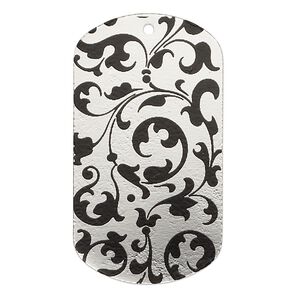 Focal, imitation rhodium-finished carbon steel, black, 40x22mm single-sided dog tag with vine design. Sold per pkg of 2.