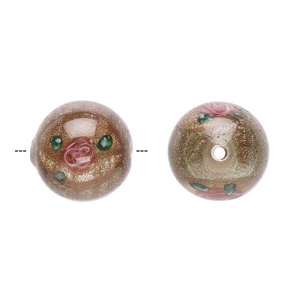 Bead, Czech lampworked glass, opaque brown / pink / green, 12-13mm round with flower design. Sold per pkg of 4. image number 0