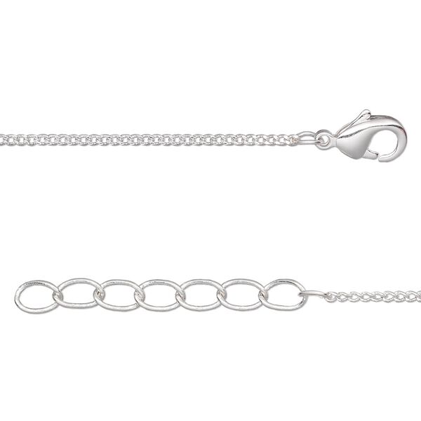 Chain, silver-plated brass, 1mm curb, 18 inches with 1-1/4 inch extender chain and lobster claw clasp. Sold per pkg of 4. image number 0