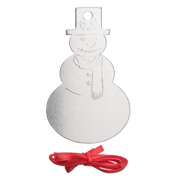 Ornament, ImpressArt®, aluminum and polyester, 3 x 1-3/4 inch snowman with ribbon. Sold per pkg of 3. image number 0