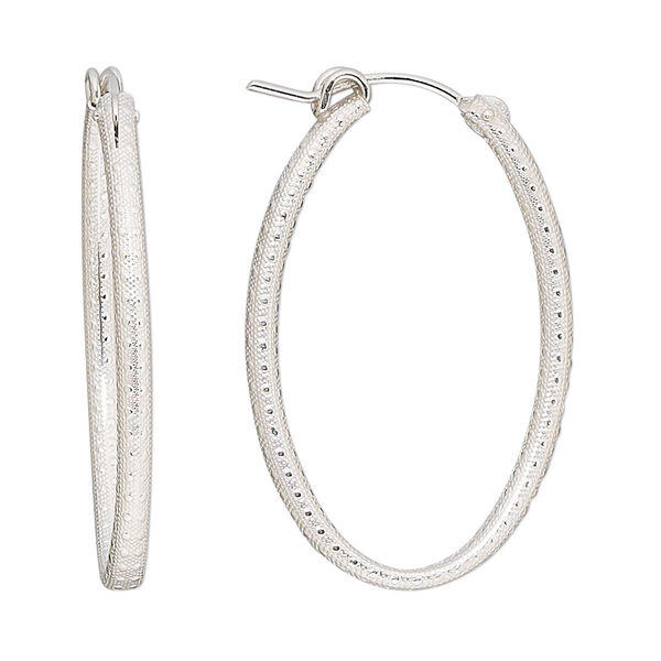Earring, sterling silver, 34mm textured oval hoop with latch-back closure. Sold per pair. image number 0