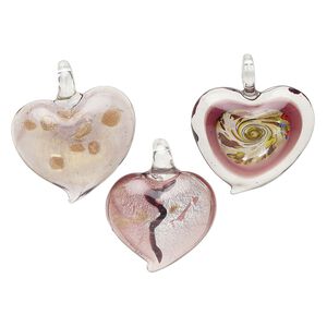 Random focal mix, lampworked glass, translucent purple and multicolored, 34x30-40mm domed heart with copper-colored glitter and silver-colored foil. Sold per pkg of 3.