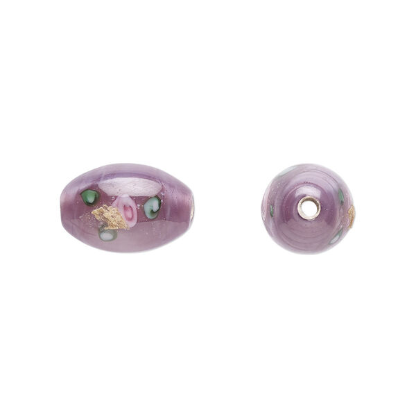 Bead, Czech lampworked glass, opaque purple / pink / green, 12x8mm-13x9mm olive with flower design. Sold per pkg of 4. image number 0