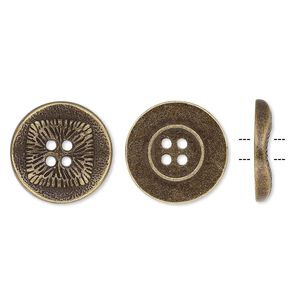 Button, antiqued brass-finished "pewter" (zinc-based alloy), 21mm single-sided wavy flat round with textured square design. Sold per pkg of 20.
