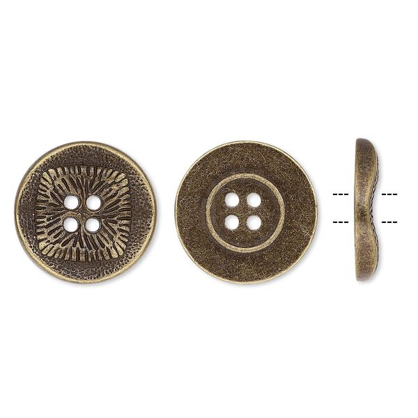 Button, antiqued brass-finished "pewter" (zinc-based alloy), 21mm single-sided wavy flat round with textured square design. Sold per pkg of 20. image number 0