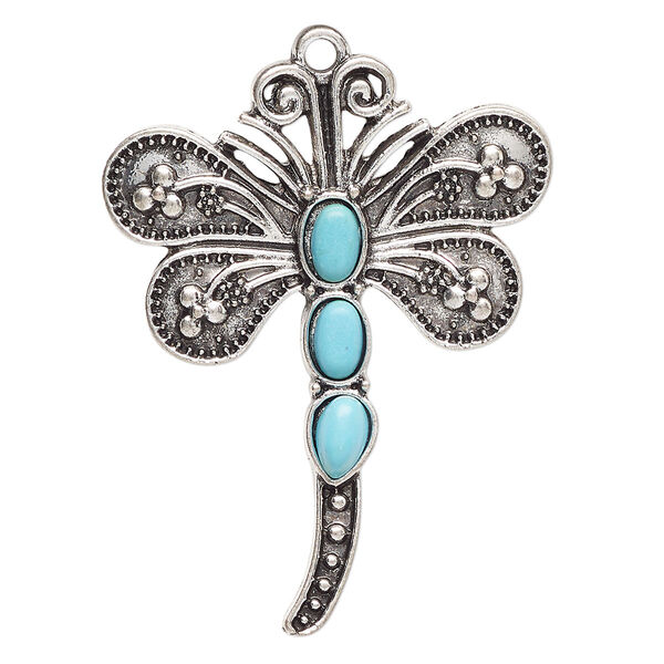 Focal, antique silver-finished "pewter" (zinc-based alloy) and "turquoise" (resin) (imitation), turquoise blue, 44x35mm single-sided dragonfly. Sold individually. image number 0