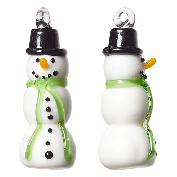Focal, lampworked glass, multicolored, 33x16mm 3D snowman. Sold individually. image number 0